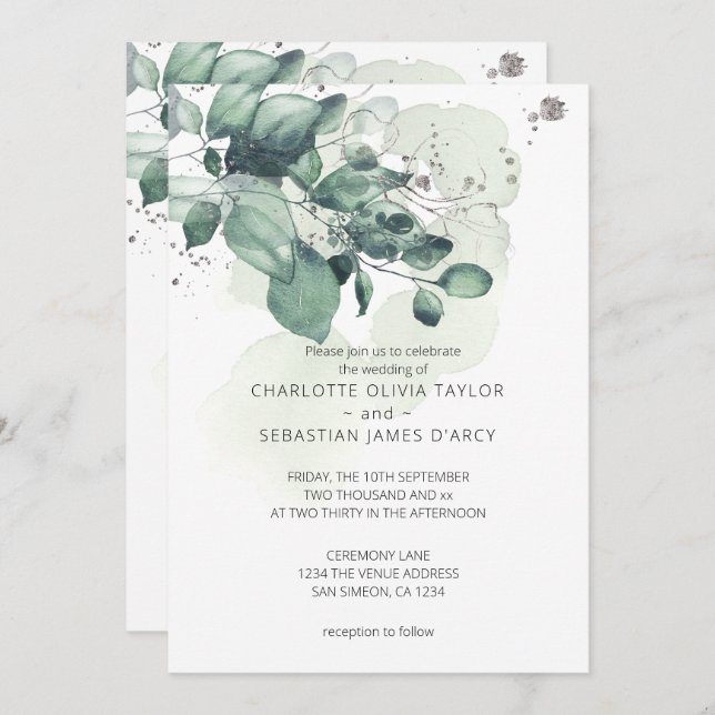 Invitation Mariage botanique Feuille vert aquarelle (Devant / Derrière)