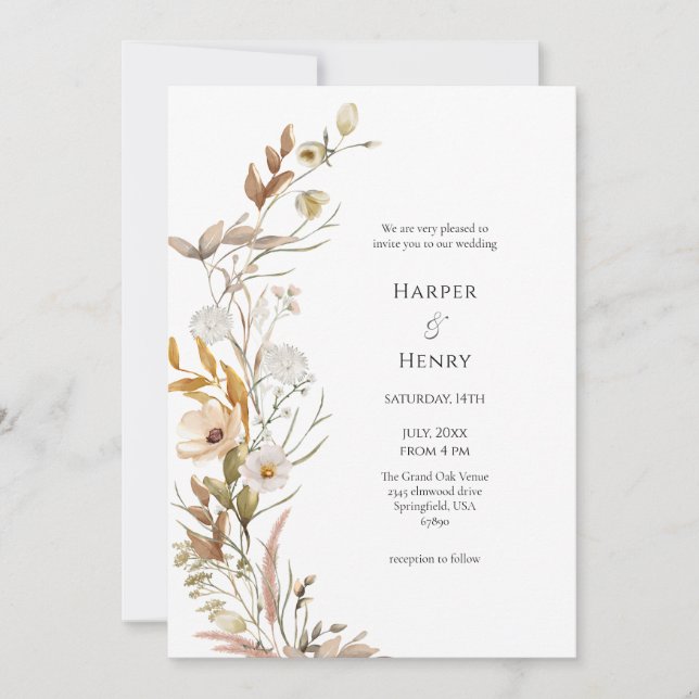Invitation Mariage botanique fleur sauvage Beige Boho (Devant)