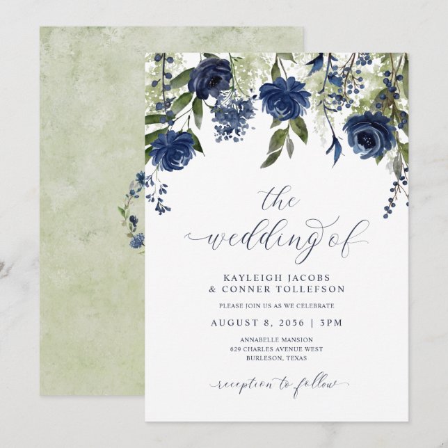 Invitation Mariage botanique Fleur sauvage de la Marine (Devant / Derrière)
