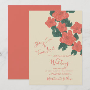 Invitation Mariage Botanique Fleurs Roses Corail Vintage