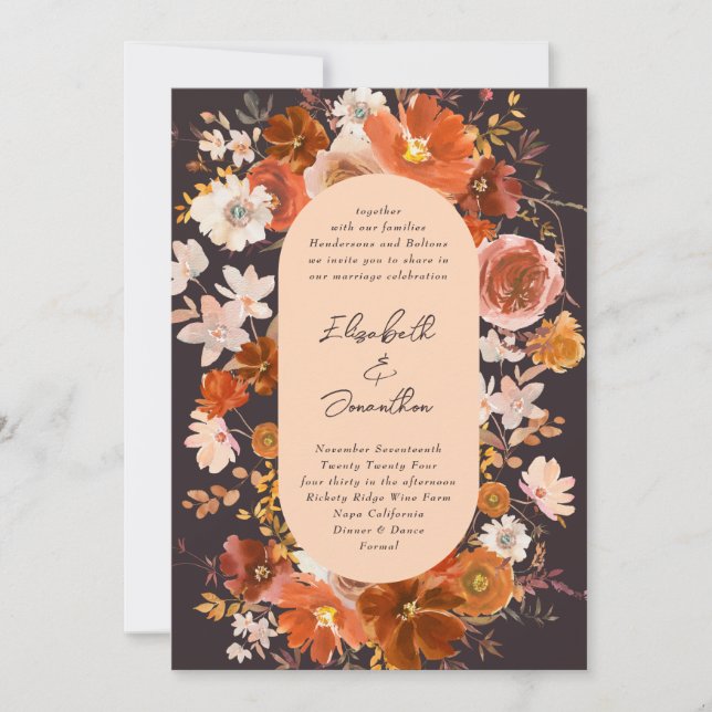 Invitation Mariage botanique floral à crème de minuit (Devant)