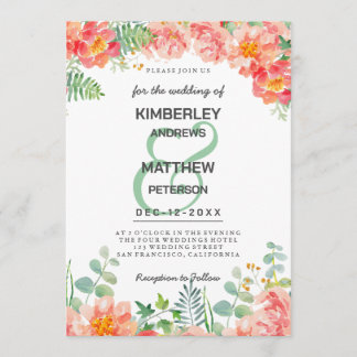 Invitation Mariage botanique floral aquarelle rose corail