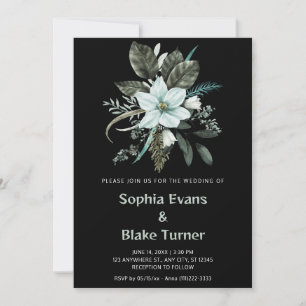 Invitation Mariage botanique floral bleu et vert sur fond noi