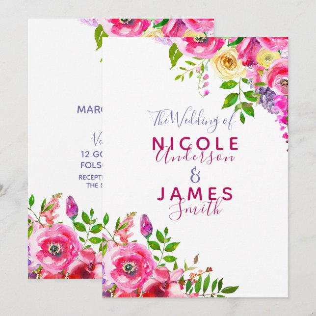 Invitation Mariage Botanique Floral Clair Rose Foncé de Print (Devant / Derrière)
