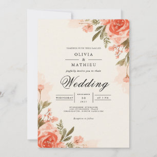 Invitation Mariage botanique floral de corail de Pêche