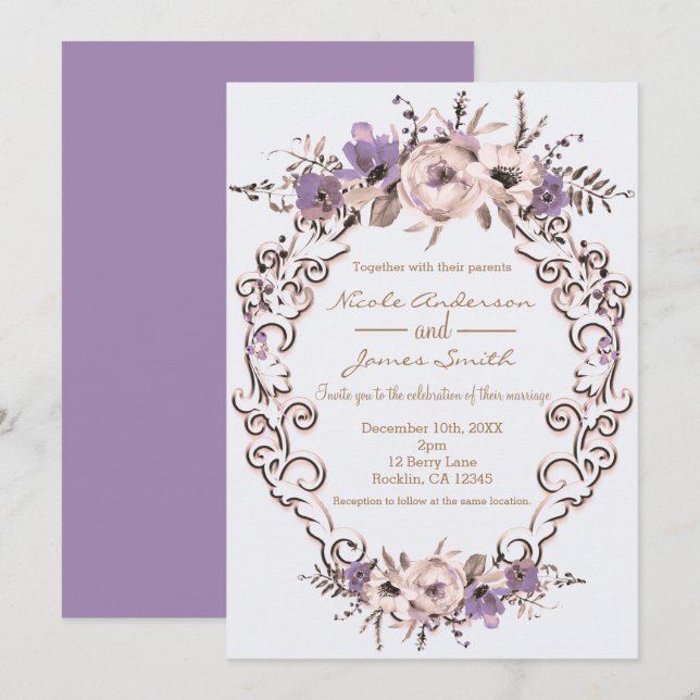 Invitation Mariage Botanique Floral Élégant Crème Violet (Devant / Derrière)