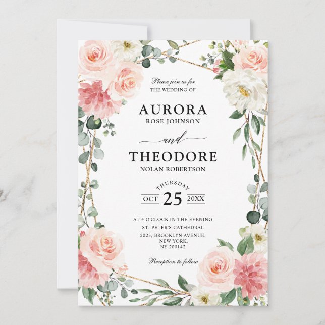 Invitation Mariage botanique géométrique rose pâle (Devant)