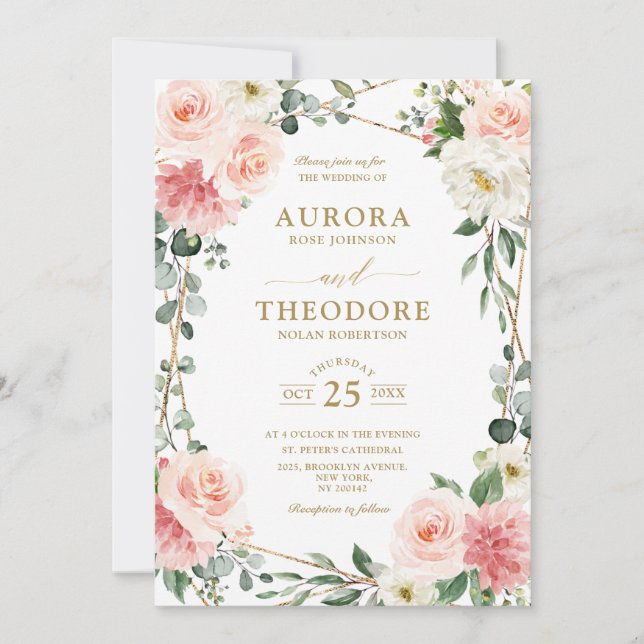 Invitation Mariage botanique géométrique rose pâle (Devant)