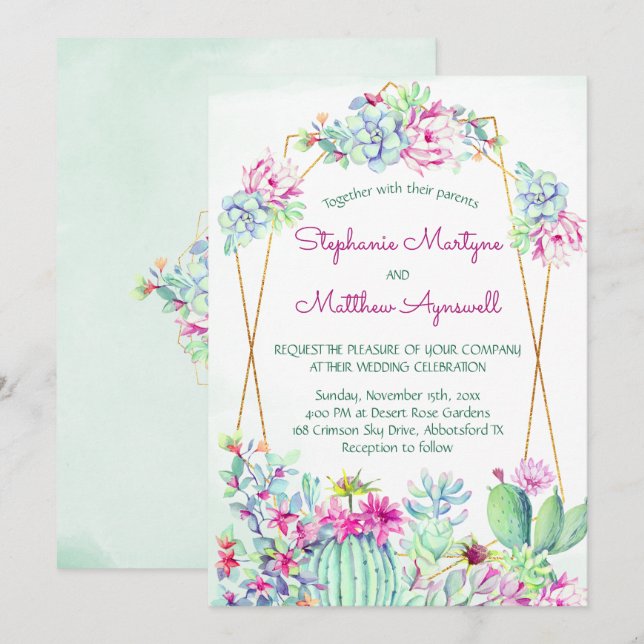 Invitation Mariage botanique géométrique Succulent Cactus (Devant / Derrière)