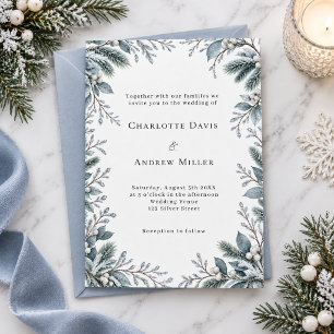 Invitation Mariage Botanique Hivernal Bleu Glacé