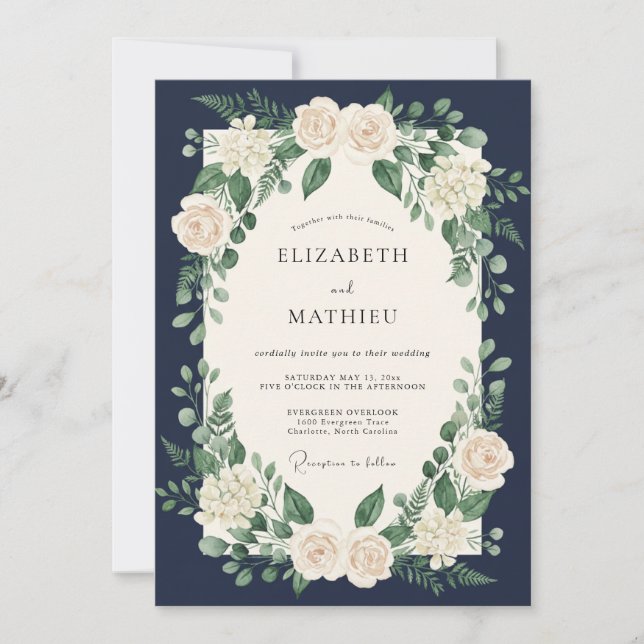 Invitation Mariage Botanique Intemporel Bleu Marine (Devant)