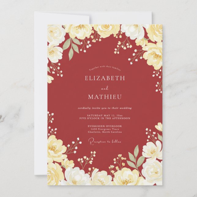 Invitation Mariage Botanique Intemporel Rouge Cramoisi (Devant)