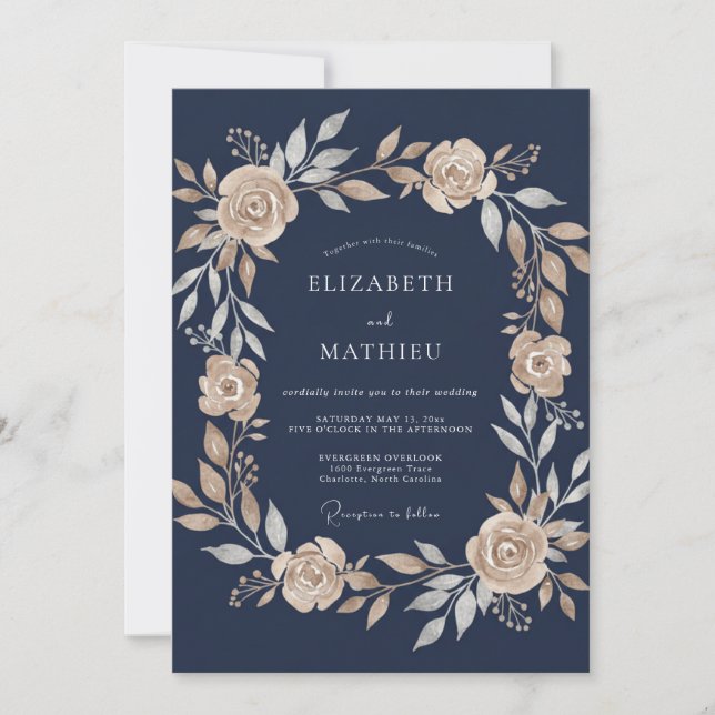 Invitation Mariage Botanique Lumineux Bleu Marine (Devant)