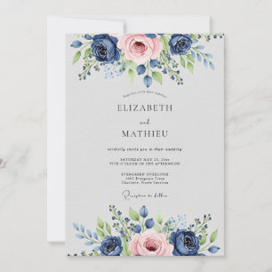 Invitation Mariage botanique luxueux bleu marine rose