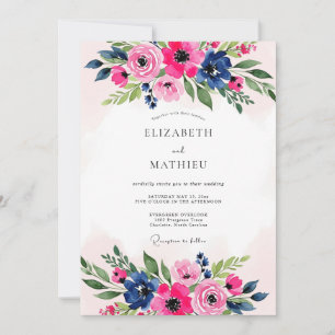 Invitation Mariage Botanique Luxuriant Bleu Marine Rose