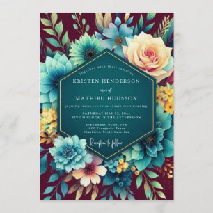 Invitation Mariage botanique luxuriant sarcelle et bordeaux