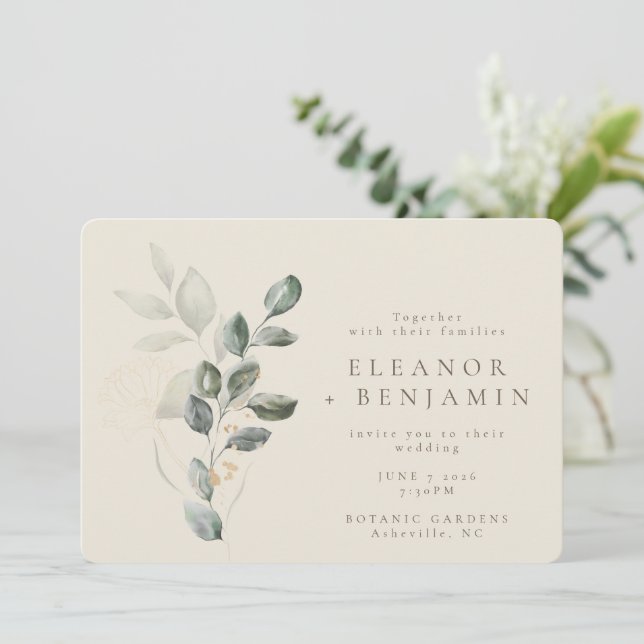 Invitation Mariage botanique minimaliste Boho Green Eucalyptu (Debout devant)