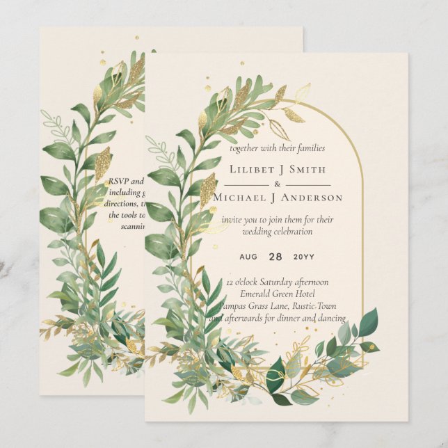 Invitation Mariage botanique moderne à la crème dorée et au f (Devant / Derrière)