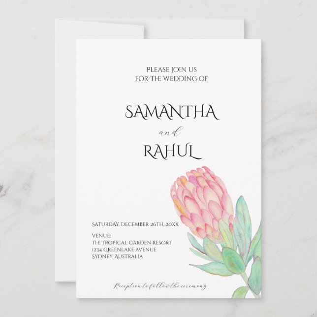 Invitation Mariage Botanique Moderne Minimaliste de Protéa (Devant)