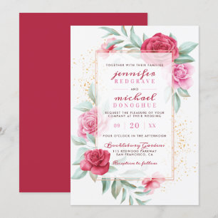 Invitation Mariage botanique moderne rose et rouge chic