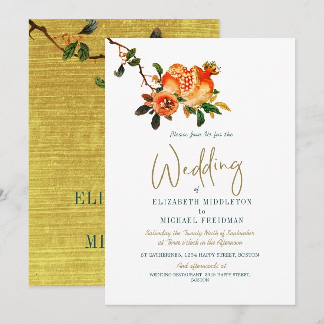 Invitation Mariage Botanique Or Élégante Grenade Moderne (Devant / Derrière)
