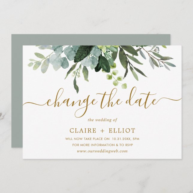 Invitation Mariage Botanique Or & Vert Changement de Date (Devant / Derrière)