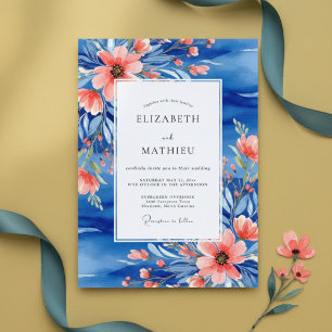 Invitation Mariage botanique pictural au corail bleu