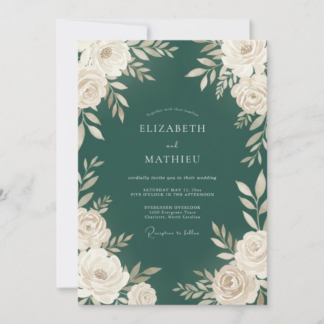 Invitation Mariage Botanique Raffiné Vert Foncé (Devant)