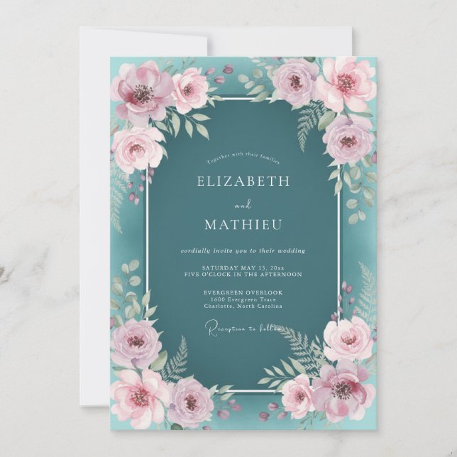 Invitation Mariage Botanique Rêveur Sarcelle Foncé (Devant)