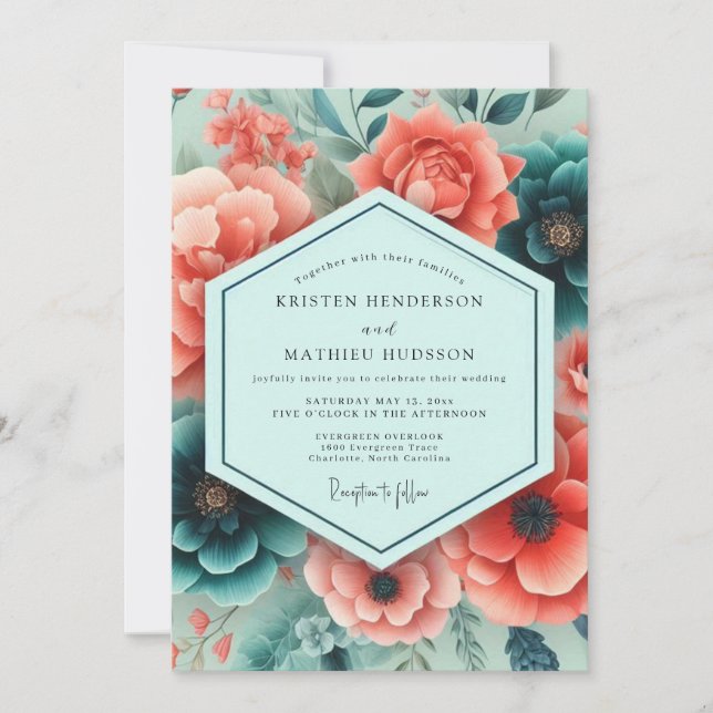 Invitation Mariage botanique riche corail sarcelle (Devant)