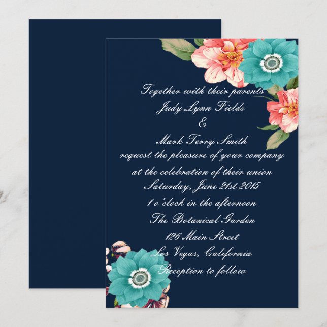 Invitation Mariage Botanique Romantique Bleu Et Rose (Devant / Derrière)
