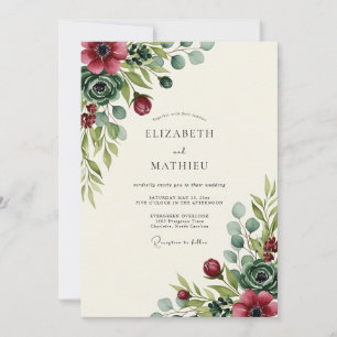 Invitation Mariage botanique romantique floral bordeaux