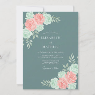 Invitation Mariage Botanique Rose Corail Sarcelle