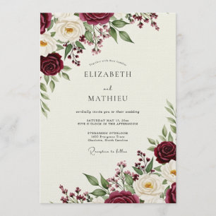 Invitation Mariage Botanique Rose de Bourgogne Romantique