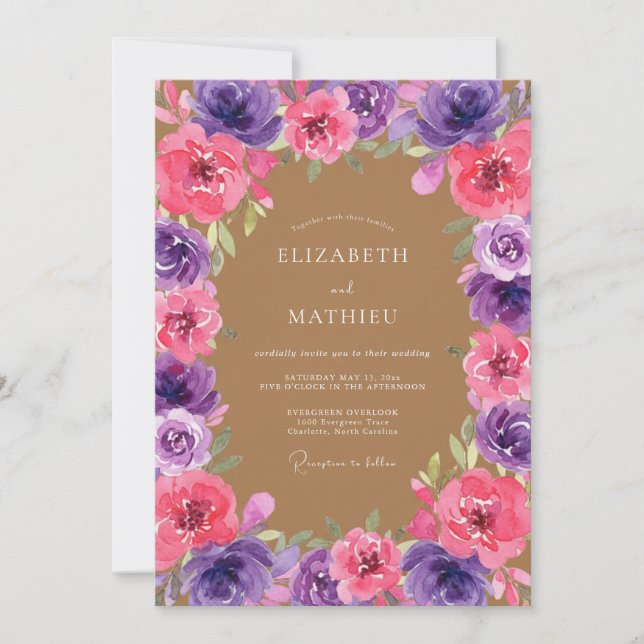 Invitation Mariage Botanique Rose Violet Foncé (Devant)