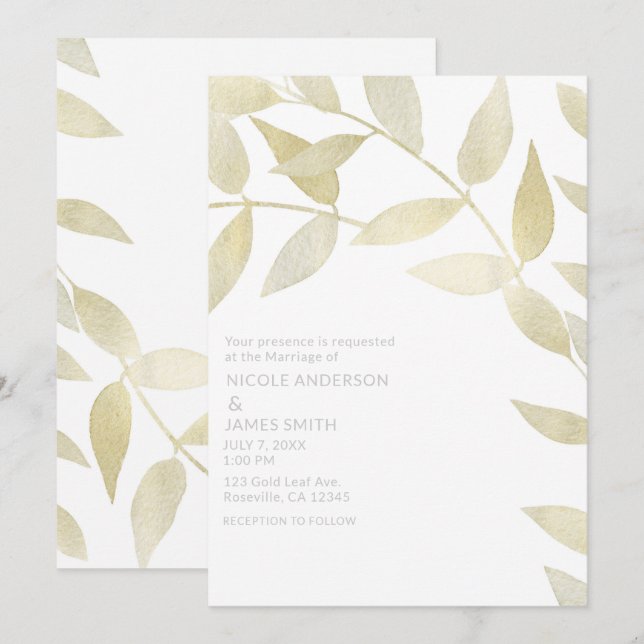 Invitation Mariage botanique russe moderne en or doré Feuille (Devant / Derrière)