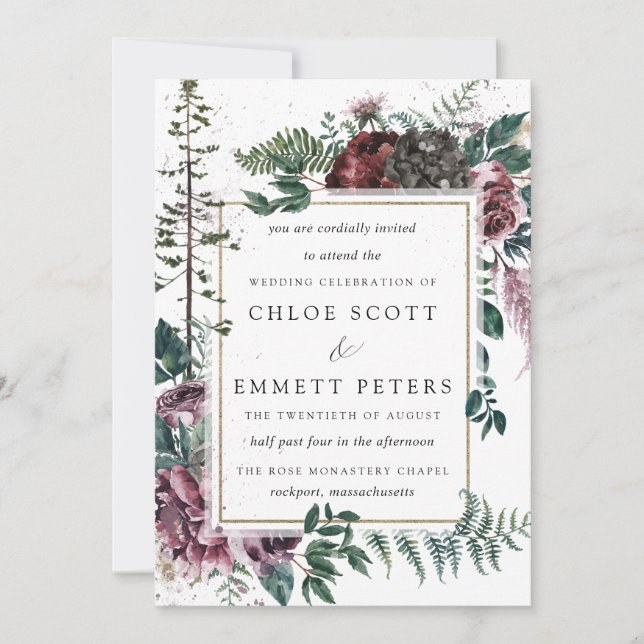 Invitation Mariage botanique rustique de Bourgogne et de pin (Devant)