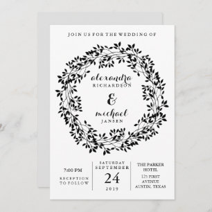 Invitation Mariage botanique rustique noir et blanc de