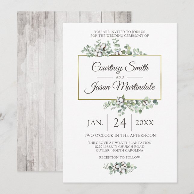 Invitation Mariage botanique Rustique Southern Cotton Boll (Devant / Derrière)