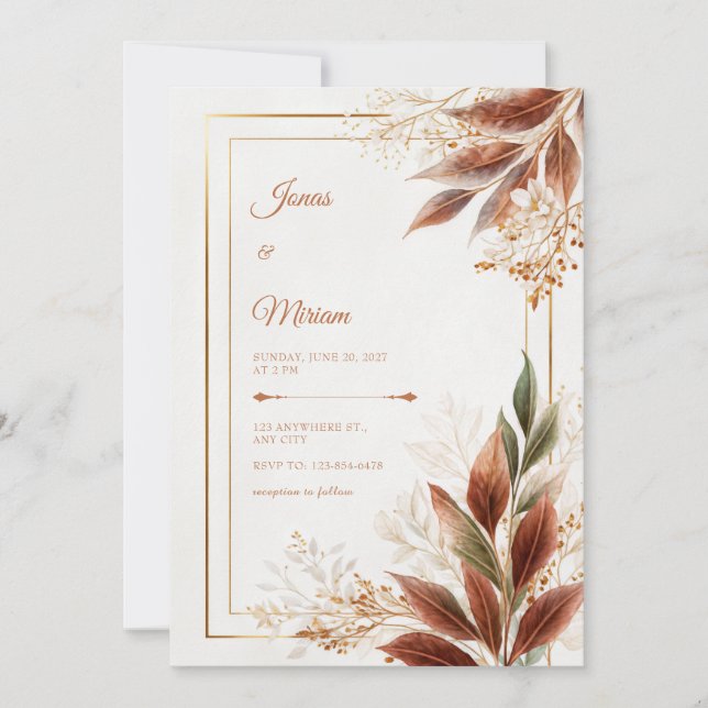 Invitation Mariage Botanique Sauge Feuille de Sienne (Devant)