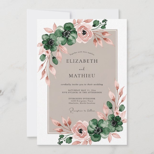Invitation Mariage Botanique Seduisant Vert Emeraude (Devant)