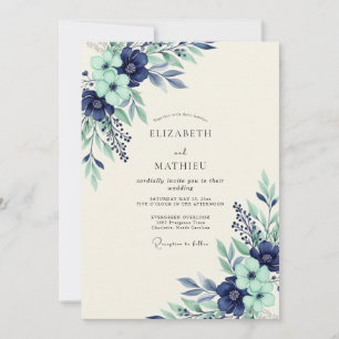 Invitation Mariage Botanique Sérène Bleu Marine Menthe