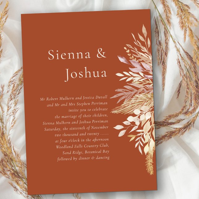 Invitation Mariage botanique simple en terre cuite (Terracotta wedding invitation with fall foliage and elegant combo of modern and formal wording)