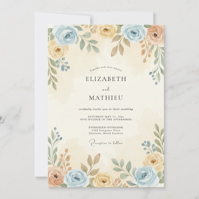 Invitation Mariage Botanique Subtil Bleu Poussiéreux (Devant)