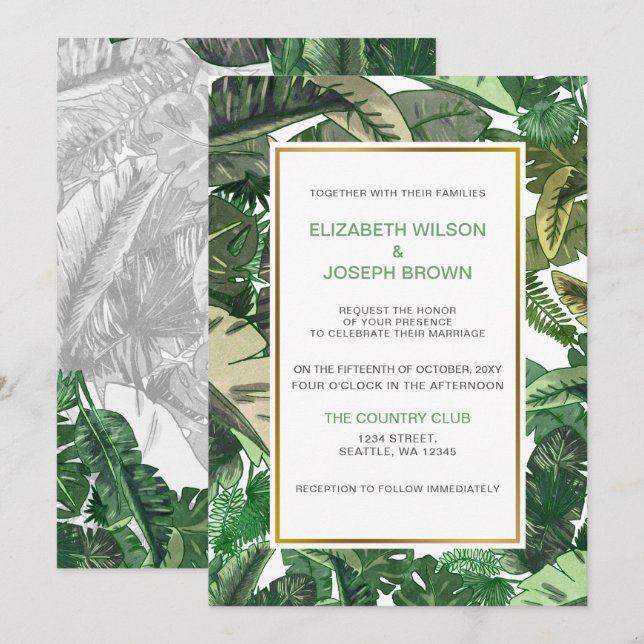 Invitation mariage botanique tropical feuille (Devant / Derrière)