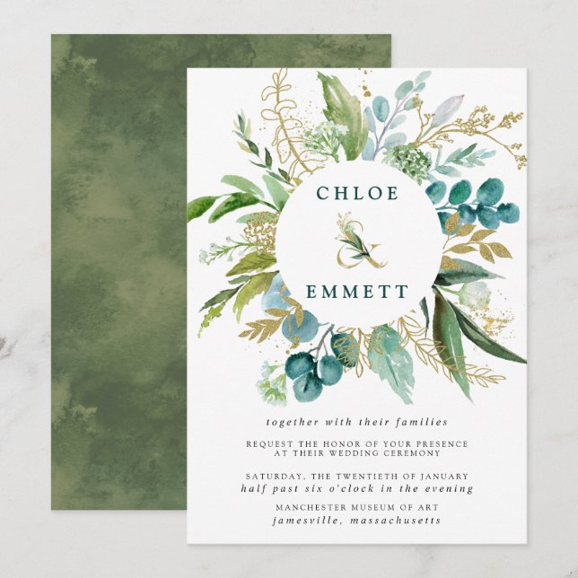 Invitation Mariage botanique vert blanc et or (Devant / Derrière)