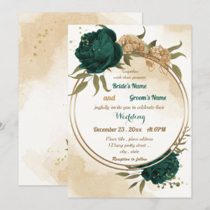 Invitation Mariage botanique vert émeraude beige or