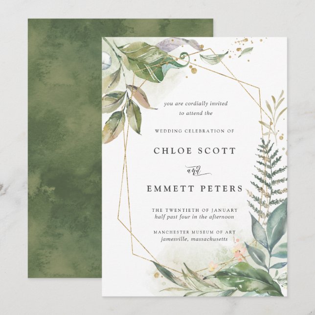 Invitation Mariage botanique vert moderne (Devant / Derrière)