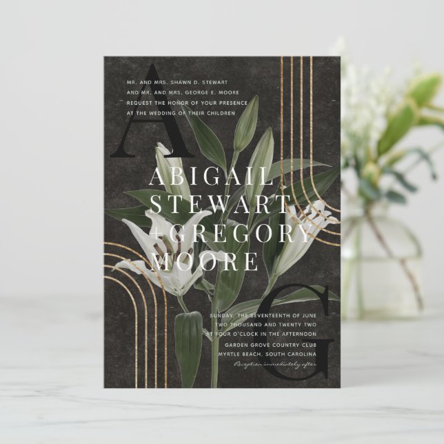 Invitation Mariage botanique vert Moody Black foncé (Debout devant)