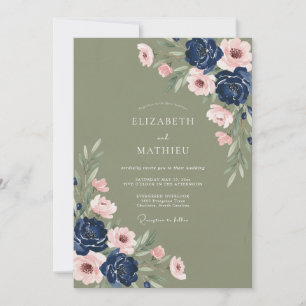 Invitation Mariage Botanique Vert Sauge et Nuit Profonde